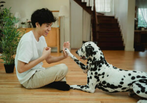man sitting on the floor doing a paw trick with a dalmation lying down