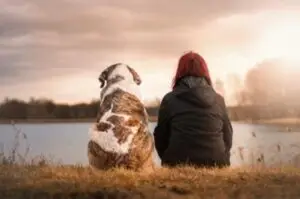 woman and dog sitting looking out over a lake